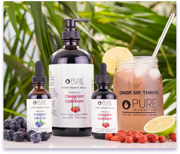 Pure Inventions Blueberry + White Tea and Cranberry + Elderberry water infusion drops